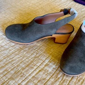 Olive suede sling back clogs